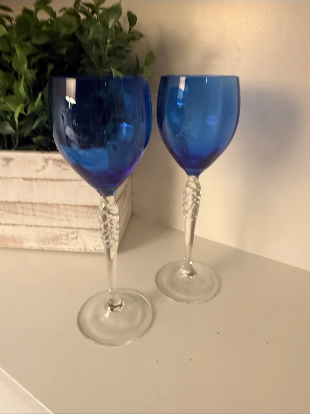 Cobalt Blue Art Glass Wine Goblets Twisted Clear Stem Set of 2 Vintage